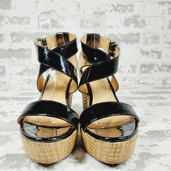 NY&C Black Faux Leather Wedge Heel Platform Sandals M819 - Picture 3 of 13